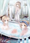  3girls absurdres ahoge artoria_pendragon_(fate) bare_arms bathing bathtub black_bow blonde_hair blue_bow blue_eyes blush bow braid breasts checkered_floor cleavage closed_mouth collarbone fate/stay_night fate/unlimited_codes fate_(series) framed green_eyes hair_bow hair_down highres indoors long_hair looking_at_viewer multiple_girls nayu_tundora nude ponytail saber saber_alter saber_lily small_breasts smile straight_hair tied_hair very_long_hair yellow_eyes 
