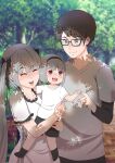  1boy 2girls age_difference alternate_costume azur_lane baby_carry bad_feet black_hair black_pants black_ribbon brown_hair carrying commander_cool commentary formidable_(azur_lane) glasses gold green_eyes grey_hair grey_shirt hair_over_shoulder hair_ribbon highres husband_and_wife jewelry long_hair long_sleeves medium_hair mother_and_daughter multiple_girls pants red_eyes ribbon ring shirt short_hair short_sleeves sidelocks tree twintails very_long_hair wedding_band white_shirt 