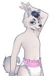  2016 ambiguous_gender anthro archived_source canid canine canis diaper digital_drawing_(artwork) digital_media_(artwork) dipstick_ears dipstick_tail fur gesture hair hi_res mammal markings monsterbunny multicolored_ears simple_background smile solo standing tail_markings v_sign 
