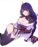  1girl :o blush braid braided_ponytail breasts cleavage cleavage_cutout clothing_cutout genshin_impact hair_ornament halterneck highres japanese_clothes large_breasts lying mole mole_under_eye on_side protected_link purple_eyes purple_hair raiden_shogun solo thigh_gap thighhighs thighs uiri-na white_background 
