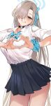  1girl asuna_(blue_archive) bangs blue_archive blue_bow blue_eyes blue_ribbon blush bow bowtie breasts choker collared_shirt grey_skirt grin hair_over_one_eye hair_ribbon halo heart heart_hands highres large_breasts light_brown_hair long_hair looking_at_viewer marushin_(denwa0214) pleated_skirt revision ribbon school_uniform shirt short_sleeves skirt smile solo thighs white_shirt 