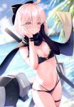  1girl absurdres bikini blush breasts cleavage closed_mouth day fate/grand_order fate_(series) highres looking_at_viewer medium_breasts navel okita_j._souji_(fate) okita_souji_(fate) outdoors scan scarf simple_background smile solo stomach suzuho_hotaru swimsuit sword weapon weapon_on_back 