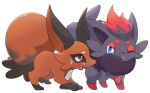  :d blue_eyes bright_pupils commentary_request fang highres nickit no_humans one_eye_closed open_mouth parted_lips pokemon pokemon_(creature) sana_(sanaa653) simple_background smile tongue white_background white_pupils zorua 