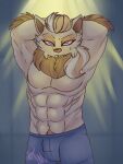  2017 abs absurd_res anthro belly biceps big_abs big_biceps big_muscles big_pecs big_serratus big_triceps blue_boxers bodily_fluids boxers_(clothing) boxers_only brown_body brown_eyelids brown_face brown_fur brown_inner_ear brown_markings brown_neckwear brown_pubes brown_spots cheek_tuft chest_tuft closed_frown clothed clothed_anthro clothed_male clothing colored detailed_background digital_drawing_(artwork) digital_media_(artwork) eyelashes facial_tuft front_view fur hair half-closed_eyes half-length_portrait hands_above_head head_tuft heyimteedo hi_res huge_abs huge_muscles huge_pecs inside league_of_legends light light_belly light_body light_chest light_fur light_nose long_hair looking_at_viewer looking_forward male male_anthro mammal manly markings mature_anthro mature_male monotone_arms monotone_belly monotone_boxers monotone_chest monotone_clothing monotone_ears monotone_eyes monotone_inner_ear monotone_nose monotone_underwear multicolored_body multicolored_fur muscular muscular_anthro muscular_male narrowed_eyes navel obliques pecs pink_eyes portrait pose pubes riot_games serratus shaded signature solo spots standing sweat sweatdrop sweaty_face tan_belly tan_body tan_ears tan_face tan_fur tan_hair tan_nose teemo_(lol) topless topless_anthro topless_male triceps tuft two_tone_body two_tone_face two_tone_fur underwear video_games yordle 