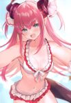  1girl absurdres bare_shoulders bikini bikini_skirt elizabeth_bathory_(beach_bloody_demoness)_(fate) elizabeth_bathory_(fate) elizabeth_bathory_(fate/extra_ccc) fate/extella fate/extella_link fate/extra fate/grand_order fate_(series) frilled_bikini frills highres layered_skirt long_hair looking_at_viewer navel open_mouth pointy_ears scan skirt solo stomach suzuho_hotaru swimsuit 