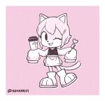  2022 anthro apron biped border clothing coffee_cup container cup digital_media_(artwork) domestic_cat fan_character felid feline felis female hi_res holding_object holding_pen kohane01 kohane_(kohane01) long_sleeves long_tail mammal one_eye_closed oversized_sleeves pen pink_background pink_theme plantigrade sega simple_background smile solo sonic_the_hedgehog_(series) standing white_border wink 