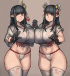  4_fingers absurd_res accessory big_breasts black_hair bodily_fluids breast_squish breasts breasts_frottage capcom clothing duo elf female female/female fingers hair hair_accessory hi_res hinoa_(monster_hunter) humanoid humanoid_pointy_ears kelvin_hiu legwear long_hair minoto_the_hub_maiden monster_hunter navel panties sibling sister sisters skindentation squish straight_hair sweat thick_thighs thigh_highs thong twins underwear video_games wide_hips wyverian 