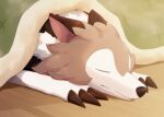  ambiguous_gender bedding blanket canid canine cheek_tuft claws ears_back eyes_closed facial_tuft feral finger_claws fur inside kemonobito lycanroc lying mammal midday_lycanroc nintendo on_front pivoted_ears pok&eacute;mon pok&eacute;mon_(species) shaded shadow sleeping solo tan_body tan_fur tuft video_games white_body white_fur wood_floor 