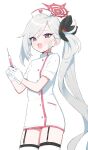  1girl :d billbung blue_archive blush eyebrows_visible_through_hair garter_straps gloves grey_hair hair_ornament halo hat holding holding_syringe long_hair looking_at_viewer mutsuki_(blue_archive) nurse nurse_cap purple_eyes short_sleeves side_ponytail simple_background smile solo syringe thighhighs very_long_hair white_background white_gloves white_headwear white_legwear 