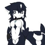  4_fingers anthro blue_eyes blue_hair breasts chano female fin fingers fish hair jewelry long_hair marine multicolored_body navel necklace shark shark_tail simple_background solo white_background white_body white_inner_ear 