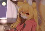  2022 ahoge anthro beverage blonde_hair blush brown_body brown_fur brown_nose canid canine clothed clothing cloud coffee coffee_mug container cup curtains cute_fangs dipstick_ears dipstick_tail female fluffy fluffy_tail fox fur hair hand_on_face hi_res hoodie horokusa0519 inner_ear_fluff inside kemono korai_(horokusa) long_hair looking_at_viewer mammal markings moon multicolored_body multicolored_ears multicolored_fur multicolored_tail night orange_eyes sky solo steam tail_markings topwear translated_description tuft white_body white_fur window yellow_body yellow_fur 
