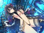  1girl asymmetrical_legwear black_gloves black_hair bow breasts cross detached_sleeves gloves hair_bow hair_ornament halo highres large_breasts long_hair midriff navel o-ring o-ring_bikini official_art ribbon ryouki_(senran_kagura) senran_kagura senran_kagura_new_link slingshot_swimsuit swimsuit thighhighs yaegashi_nan 