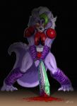  anthro blood blood_on_face bodily_fluids canid canine canis female five_nights_at_freddy&#039;s five_nights_at_freddy&#039;s:_security_breach green_hair hair hi_res insane insane_eyes keyboard_instrument keytar mammal musical_instrument roxanne_wolf_(fnaf) scottgames solo souleatersaku90 video_games wolf yellow_eyes 