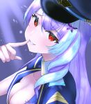  1girl blue_hair blue_jacket blush breasts cleavage collarbone eyebrows_visible_through_hair finger_to_mouth head_tilt jacket looking_at_viewer macross macross_delta mikumo_guynemer multicolored_hair parted_lips portrait purple_hair red_eyes smile solo streaked_hair zizhu_guizhi 