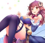  1girl aru_(arudes) blue_background bow bowtie breasts brown_eyes cleavage curled_horns demon_girl demon_horns demon_tail detached_sleeves fang horns large_breasts long_hair looking_at_viewer machikado_mazoku open_mouth purple_legwear red_bow red_bowtie red_hair skin_fang solo tail thighhighs thighs white_background yoshida_yuuko_(machikado_mazoku) 