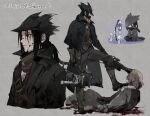  1boy artist_name belt belt_buckle black_hair black_headwear blood blood_on_face blood_splatter bloodborne brown_vest buckle cloak copyright_name cosplay dual_wielding gloves gun hat hat_feather highres holding holding_gun holding_sword holding_weapon hunter_(bloodborne) hunter_(bloodborne)_(cosplay) lamp long_hair male_focus mask mouth_mask naruto_(series) ningyeon ponytail red_eyes saw_cleaver sharingan sword tied_hair twitter_username uchiha_itachi vest weapon 