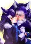  2girls absurdres aburaeoyaji animal_ear_fluff animal_ears bangs black_hair blue_eyes blue_lips blush cheek-to-cheek dire_wolf_(kemono_friends) eyebrows_visible_through_hair forked_eyebrows fur_collar gloves grey_hair grey_wolf_(kemono_friends) hair_between_eyes hand_on_another&#039;s_waist heads_together heterochromia highres holding_hands interlocked_fingers jacket kemono_friends light_brown_hair lips lipstick long_sleeves looking_at_viewer makeup multicolored_hair multiple_girls necktie parted_lips plaid plaid_necktie plaid_skirt purple_hair red_lips shiny shiny_hair skirt tail tan upper_body white_gloves wolf_ears wolf_girl wolf_tail yellow_eyes 