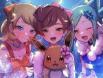  0roshioji3ran 3girls :d ;d ahoge bangs bead_necklace beads blonde_hair blue_eyes blush bow brown_hair chloe_(pokemon) closed_mouth collarbone commentary_request confetti earrings eevee eyelashes green_eyes green_hair hair_ornament hairpin hand_up highres jewelry lisia_(pokemon) looking_at_viewer medal multiple_girls necklace one_eye_closed open_mouth pokemon pokemon_(anime) pokemon_(creature) pokemon_swsh_(anime) serena_(pokemon) smile sparkle tongue twitter_username upper_body 