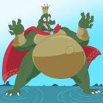  1:1 2022 3_toes 4_fingers anthro armor belly belly_overhang big_belly biped bloodshot_eye cape claws clothing comicfiruko crown donkey_kong_(series) feet fingers hi_res king_k._rool kremling male mostly_nude nintendo open_mouth overweight overweight_anthro overweight_male scalie sky solo toes video_games water 