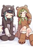  2girls animal_costume animare bangs bear_costume black_hair blue_hair closed_eyes closed_mouth commentary_request dakimakura_(object) demon_girl demon_horns eyebrows_visible_through_hair fang full_body green_eyes green_hair heebee highres hinokuma_ran holding holding_pillow honey_strap horns long_hair looking_at_viewer medium_hair multicolored_hair multiple_girls one_eye_closed onesie open_mouth paw_shoes pillow pointy_ears saliva shishio_chris sidelocks sleepy sugar_lyric suou_patra two-tone_hair virtual_youtuber wombat_costume 