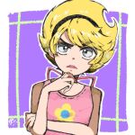  1girl artist_request blonde_hair d: grey_eyes hairband hand_on_own_chin hand_up looking_at_viewer mandy_(grim_adventures) non-web_source pink_shirt shirt short_hair solo source_request the_grim_adventures_of_billy_&amp;_mandy 