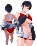  1girl areola_slip areolae ass back bare_shoulders black_hair blue_eyes breasts butt_crack clothes_lift collarbone cowboy_shot facing_away from_behind grin highleg highleg_panties highres jacket long_sleeves looking_at_viewer mibu_natsuki mole mole_under_eye multiple_views navel no_socks one_eye_closed open_mouth original panties shirt_lift shoes short_hair sleeveless smile sportswear standing stomach teeth underboob underwear undressing white_panties 