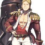  1boy abs bara belt blonde_hair brown_eyes cannon cosplay epaulettes fate/grand_order fate_(series) hand_on_hip high_collar highres jacket large_pectorals leather leather_jacket looking_at_viewer male_focus military military_uniform muscular muscular_male napoleon_bonaparte_(fate) napoleon_bonaparte_(fate)_(cosplay) open_clothes open_jacket open_shirt pants pectorals red_shirt reiner_braun shingeki_no_kyojin shirt short_hair smile solo teeth uniform weapon white_pants zyunya 