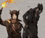  1boy artist_name belt belt_buckle black_hair black_headwear bloodborne blowtorch brown_vest buckle cloak copyright_name cosplay fire fire_emblem gloves hat hat_feather highres holding holding_torch hunter_(bloodborne) hunter_(bloodborne)_(cosplay) long_hair looking_at_viewer looking_down male_focus mask mouth_mask naruto_(series) ningyeon ponytail red_eyes sharingan solo tied_hair torch twitter_username uchiha_itachi vest 
