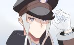  1boy black_coat black_headwear closed_mouth coat commentary_request frown gloves grey_eyes grey_hair hand_on_headwear hand_up hat high_collar highres ingo_(pokemon) long_sideburns long_sleeves looking_at_viewer male_focus okuro_zmzm peaked_cap pokemon pokemon_(game) pokemon_bw portrait short_hair sideburns solo trench_coat white_gloves 