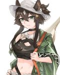  1girl arknights aylum. bangs bare_shoulders black_choker black_hair breasts choker cleavage cleavage_cutout clothing_cutout commentary_request crop_top ears_through_headwear fedora green_eyes green_jacket hair_between_eyes hair_ornament hat highres jacket long_sleeves medium_breasts meteor_(arknights) meteor_(bard&#039;s_holiday)_(arknights) midriff navel off_shoulder simple_background solo star_(symbol) star_hair_ornament stomach upper_body white_background white_headwear wide_sleeves 