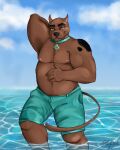  absurd_res anthro beach belly bottomwear canid canine canis chubby_male clothing collar domestic_dog hanna-barbera hi_res male male/male mammal musclegut muscular nipples no_shirt scooby-doo scooby-doo_(series) sea seaside sheenie shorts solo water 
