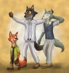  aloha_shirt anthro beastars black_eyes brown_body brown_fur canid canine canis clothed clothing conditional_dnp disney dreamworks fox fur giftheck green_eyes grey_body grey_fur group hi_res legoshi_(beastars) male mammal mr._wolf_(the_bad_guys) necktie nick_wilde pattern_clothing pattern_shirt pattern_topwear red_body red_fox red_fur school_uniform shirt suit the_bad_guys topwear uniform wolf zootopia 