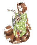  1girl animal animal_ears bangs brown_eyes brown_hair checkered_clothes checkered_scarf closed_mouth futatsuiwa_mamizou green_kimono highres holding holding_animal holding_pipe japanese_clothes kimono kiseru kyuubiness leaf leaf_on_head long_sleeves looking_at_viewer pipe raccoon raccoon_ears raccoon_girl raccoon_tail scarf short_hair simple_background tail touhou traditional_media white_background 