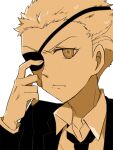  1boy bangs black_jacket black_necktie blonde_hair closed_mouth collared_shirt danganronpa_(series) danganronpa_2:_goodbye_despair eyepatch freckles grey_background hand_up highres jacket kuzuryuu_fuyuhiko long_sleeves looking_at_viewer male_focus necktie orange_eyes shiny shiny_hair shirt short_hair simple_background solo yukihi_rnp 