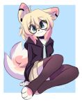 2022 4_toes 5_fingers anakoluth_(character) anthro blonde_hair blue_eyes bottomwear breasts canid canine canis cat_citrus clothed clothing domestic_dog ear_piercing eyewear feet female fingers footwear fur glasses hair happy hi_res hoodie kemono legwear looking_at_viewer mammal multicolored_body multicolored_ears multicolored_fur multicolored_hair multicolored_tail paws piercing pink_body pink_fur pink_hair shiba_inu shirt shorts smile smiling_at_viewer socks solo spitz thigh_highs toeless_footwear toeless_socks toes topwear white_body white_fur yellow_body yellow_fur 