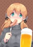  1girl alcohol alternate_costume anchor_hair_ornament aqua_eyes beer beer_mug blonde_hair breasts brown_background cup eating food grey_sweater hair_ornament kantai_collection large_breasts long_hair mug polka_dot polka_dot_background prinz_eugen_(kancolle) ribbed_sweater sausage solo sweater tsukimochikuriko_(tsukimochi_k) twintails upper_body 