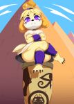  absurd_res animal_crossing anthro canid canine canis clothed clothing crossed_arms crossed_legs domestic_dog egyptian egyptian_clothing female frown genvoke glowing glowing_eyes hi_res hieroglyphics hypnosis isabelle_(animal_crossing) looking_at_viewer looking_down low-angle_view mammal mind_control nintendo purple_eyes pyramid solo video_games 