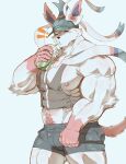  anthro anthrofied barazoku beverage biceps big_biceps big_muscles big_pecs blue_eyes blue_markings bottomwear clothed clothing container cup eeveelution fur hi_res huge_muscles looking_at_viewer male markings monochrome_kg multicolored_body multicolored_fur muscular muscular_anthro muscular_male nintendo nipples pecs pink_body pink_fur pok&eacute;mon pok&eacute;mon_(species) pok&eacute;morph shirt shorts simple_background solo standing sylveon topwear video_games white_background white_body white_fur 