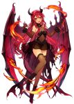  1girl ankle_boots bangs boots breasts cross-laced_footwear demon_wings fire flame halterneck high_heels highleg highres horns hutuu_(1121) lace-up_boots long_hair medium_breasts official_art open_mouth red_eyes red_hair rise_of_girls scrunchie see-through skirt solo tail thighhighs white_background wings wrist_scrunchie 
