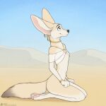  1:1 2022 4_toes anthro bottomless canid canine claws clothed clothing feet female fennec fingers fox fur hi_res jishinu mammal nipples outside pawpads solo toe_claws toes yellow_eyes 
