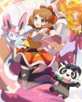  1girl blonde_hair blue_eyes delphox fire hair_ornament highres jewelry looking_at_viewer necklace open_mouth pancham pokemon pokemon_(anime) pokemon_(creature) pokemon_swsh_(anime) ribbon serena_(pokemon) shirt short_hair skirt smile startboii sunglasses sylveon 