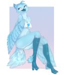  2022 anthro avian beak bird blue_body blue_feathers bottomless breasts butt clothed clothing digital_media_(artwork) feathered_wings feathers female meme navel signature solo tweetfur twitter under_boob wings yshanii 