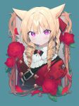  1girl animal_ears bangs blonde_hair blue_background blush bow bowtie brooch chain character_request commentary_request drill_hair eyebrows_visible_through_hair final_fantasy final_fantasy_xiv flower frilled_shirt frills funa_(sakana) hair_bow highres jewelry leaf looking_at_viewer petals picture_frame purple_eyes rose shirt shoulder_belt slit_pupils smile solo twin_drills upper_body wing_collar 