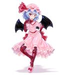  1girl absurdres back_bow bat_wings blue_hair blush bodysuit bow collared_shirt eyebrows_visible_through_hair fang frilled_shirt frilled_shirt_collar frilled_skirt frilled_sleeves frills full_body hair_between_eyes hand_on_hip hat hat_ribbon highres latex latex_bodysuit looking_at_viewer mob_cap open_mouth pink_footwear pink_headwear pink_shirt pink_skirt puffy_short_sleeves puffy_sleeves red_bodysuit red_bow red_eyes red_ribbon remilia_scarlet ribbon riretsuto shadow shiny shiny_clothes shirt short_sleeves skin_tight skirt solo touhou white_background wings 