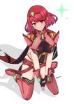  1girl absurdres bangs black_gloves blush breasts chest_jewel closed_mouth earrings eyebrows_visible_through_hair fingerless_gloves full_body gem gloves headpiece highres jewelry kneeling large_breasts looking_at_viewer own_hands_together pyra_(xenoblade) reason3_s red_eyes red_hair red_legwear red_shorts short_hair short_shorts shorts smile solo swept_bangs symbol-only_commentary thighhighs tiara xenoblade_chronicles_(series) xenoblade_chronicles_2 