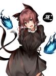  1girl :3 animal_ears arms_behind_back bangs black_dress black_ribbon blush braid breasts cat_ears cat_tail commentary_request dress fang hair_ribbon head_tilt highres hitodama kaenbyou_rin large_breasts long_hair long_sleeves looking_at_viewer multiple_tails open_mouth po_(anhk5528) red_eyes red_hair ribbon solo tail touhou twin_braids two_tails white_background 