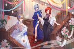  3girls absurdres alcohol backless_dress backless_outfit bangs bare_shoulders black_dress black_hair blue_dress blue_flower blue_rose brown_hair champagne confetti cup dress flower formal fu_hua hair_flower hair_ornament hair_over_one_eye highres holding holding_cup honkai_(series) honkai_impact_3rd indoors long_hair looking_at_viewer looking_back multiple_girls murata_himeko pink_flower pink_rose purple_eyes red_hair rita_rossweisse rose short_hair smile stairs white_dress white_flower white_rose window wucanming yellow_eyes 