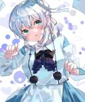  1girl adapted_costume bangs blush dress eyebrows_visible_through_hair hair_between_eyes hand_up highres lei_(knfz7274) long_sleeves looking_at_viewer mononobe_no_futo no_hat no_headwear parted_lips ribbon silver_hair simple_background solo touhou white_background 
