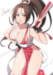  1girl amasaki_yusuke artist_name breasts brown_eyes brown_hair cleavage collarbone fatal_fury hand_fan highres holding holding_fan large_breasts leaning_forward long_hair looking_to_the_side pelvic_curtain revealing_clothes shiranui_mai smile solo the_king_of_fighters v-shaped_eyebrows white_background wrist_guards 