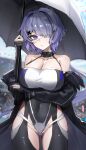  1girl arknights bare_shoulders black_coat breasts cleavage clothing_cutout coat collarbone commentary_request covered_navel cowboy_shot eyepatch groin hair_ornament highres hip_vent holding holding_umbrella large_breasts looking_at_viewer medical_eyepatch off_shoulder open_clothes open_coat purple_eyes purple_hair raw_egg_lent short_hair solo standing thigh_cutout thighs umbrella whisperain_(arknights) white_umbrella x_hair_ornament 
